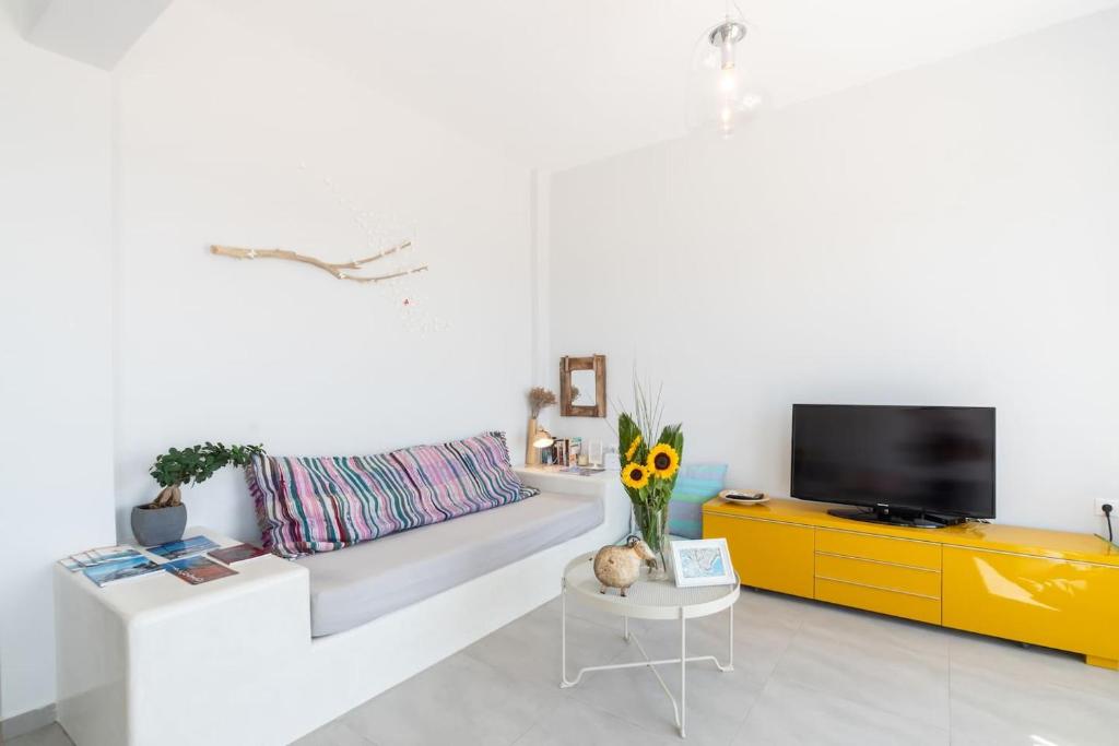 Televízia a/alebo spoločenská miestnosť v ubytovaní Rodamos apartment