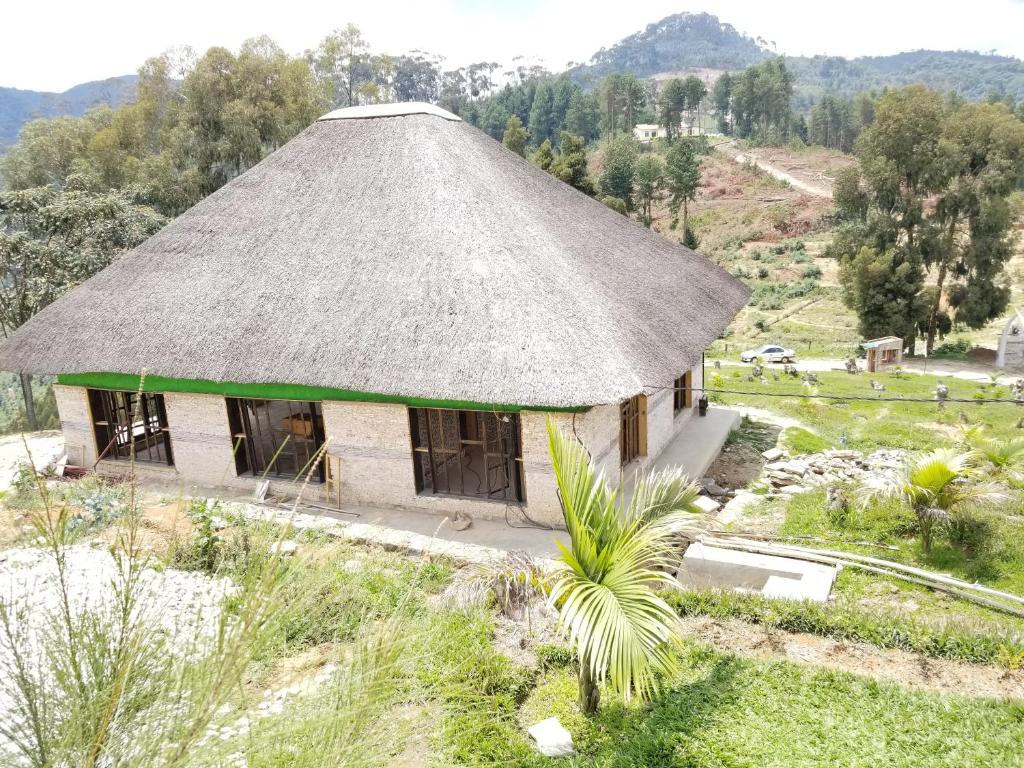 an old hut with a thatched roof in a field at Nyungwe Nziza Ecolodge in Kitabi