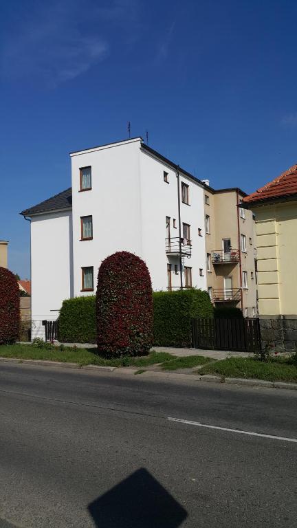un edificio blanco al lado de una calle en Ubytování Pavel Voborník, en Blatná