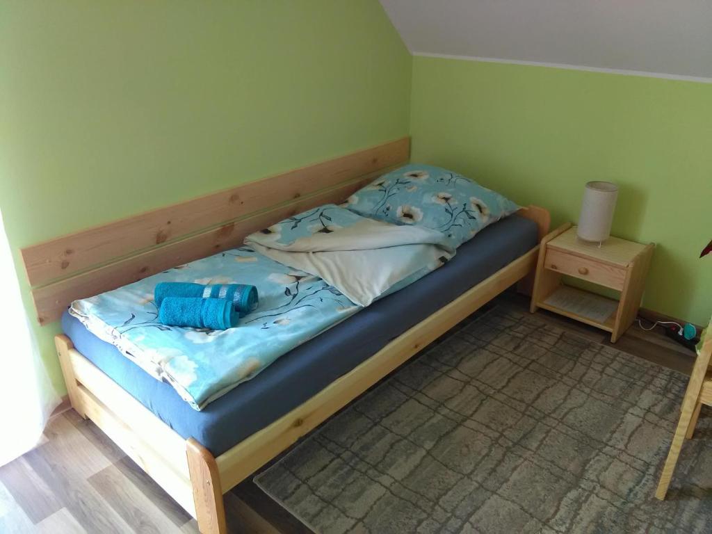 a small bedroom with a bed with blue sheets at Apartment Helena in Bielsko-Biała