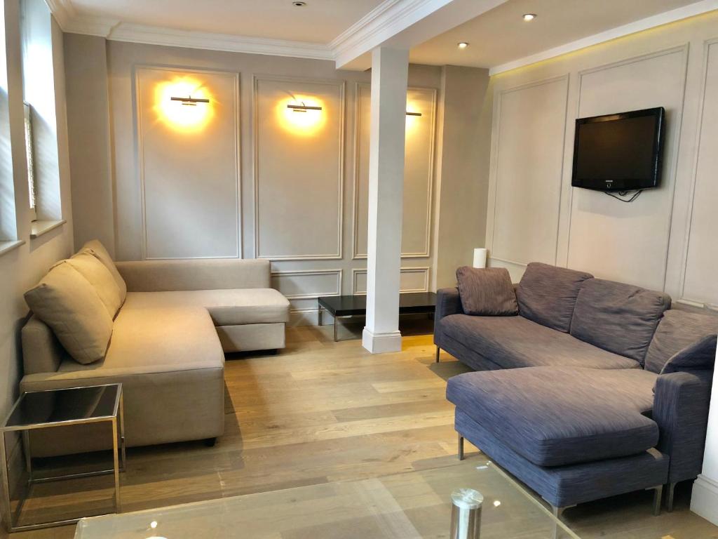 een woonkamer met 2 banken en een tv bij Luxury Apartments in Westminster in Londen