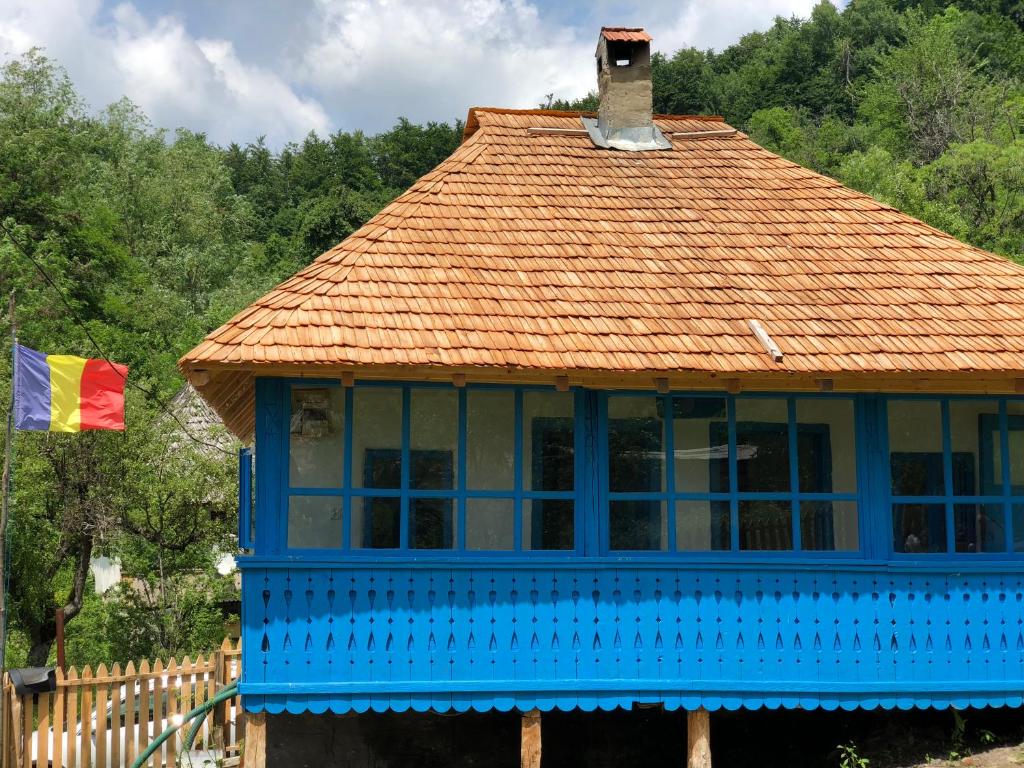 a blue house with a tile roof and a flag at Casa Albastră in Băile Olăneşti