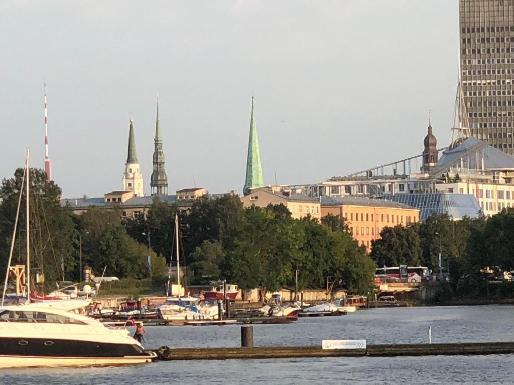 un barco está atracado en un río con una ciudad en Eksporta Street Apartment, en Riga