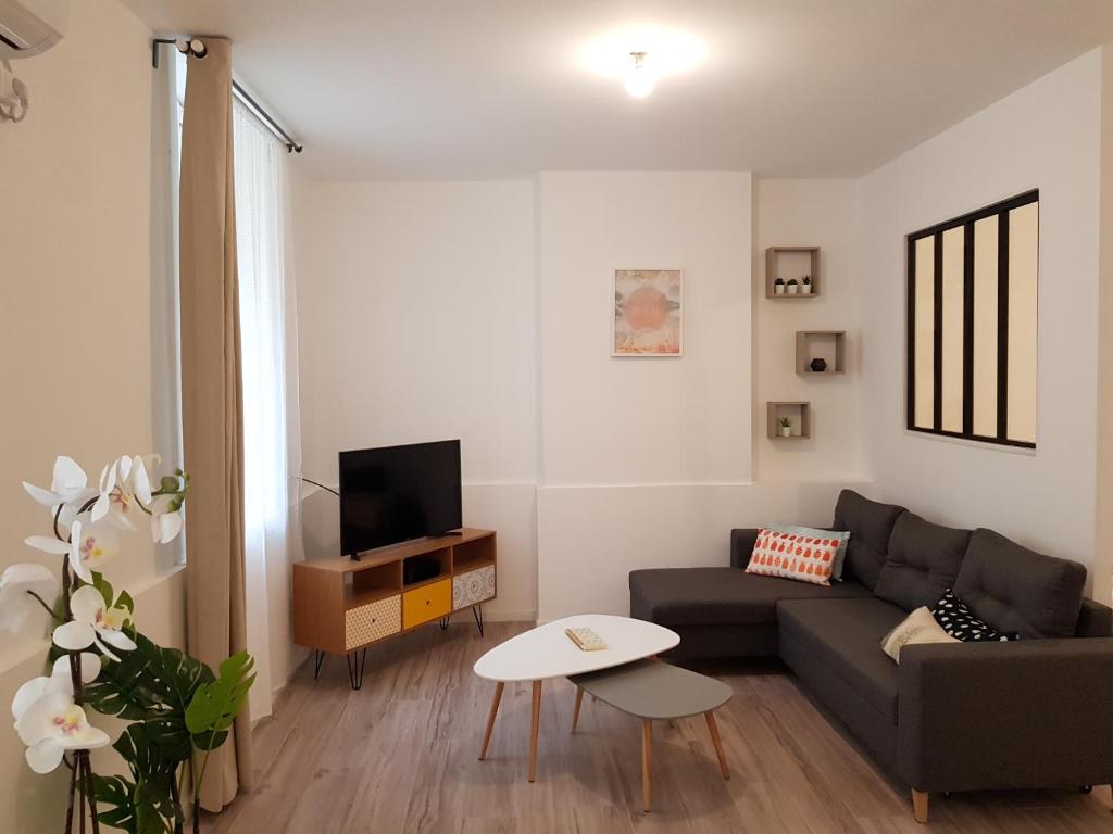 a living room with a couch and a tv at Bel Appart Tout Equipé in Marseille