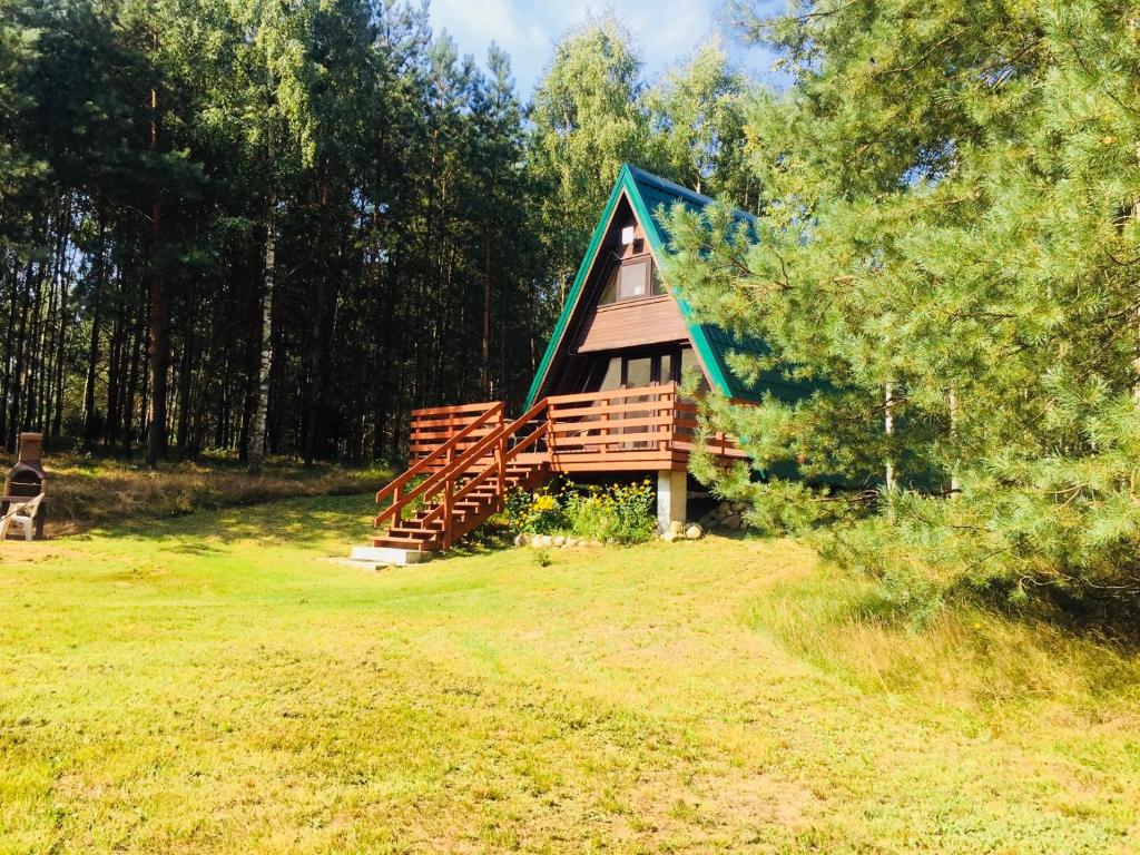 una cabaña en el bosque con techo verde en Domek Przy Lesie en Kurzętnik