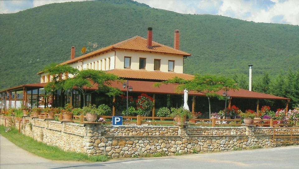 a house on a stone wall with potted plants at Hotel Kapsalis in Veria