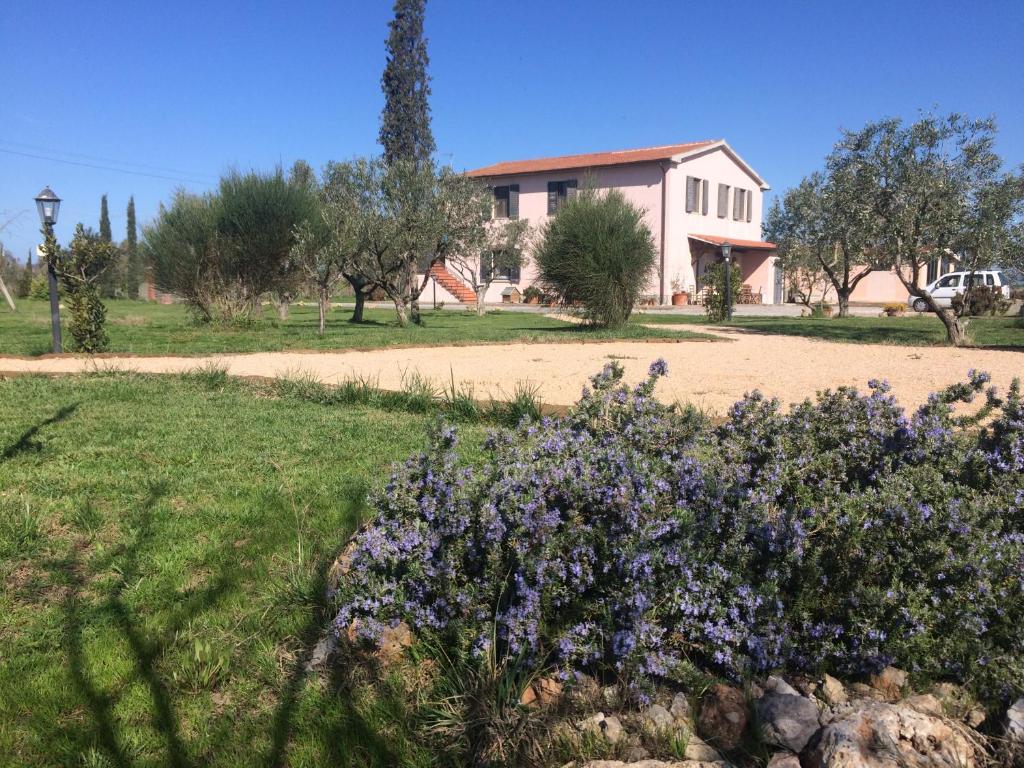 a garden with purple flowers in front of a house at Agriturismo La Facenda in Albinia