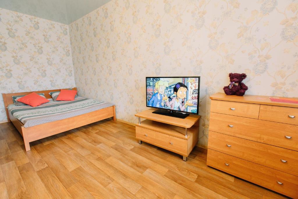 トムスクにあるАпартаменты Елизаровых 10のベッドルーム(ベッド1台、ドレッサー内のテレビ付)