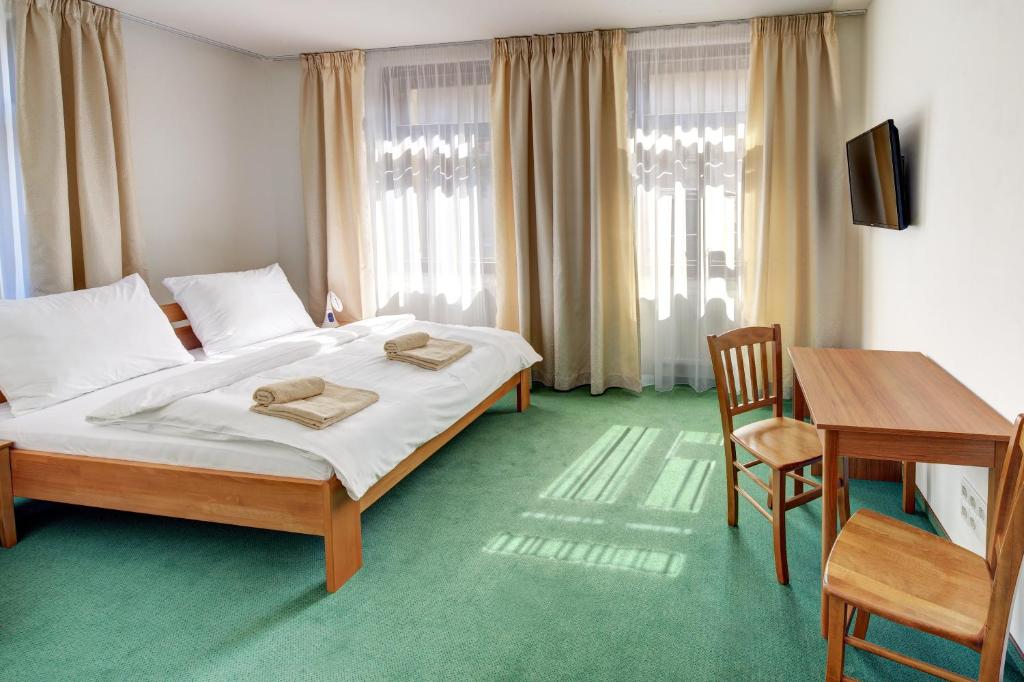 泰普拉河畔貝喬夫的住宿－哈昂迪巴斯塔酒店，卧室配有一张床和一张桌子及椅子