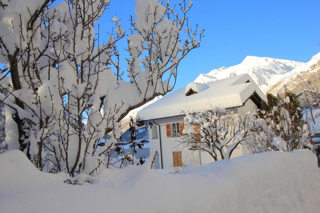 une maison recouverte de neige avec des arbres et des montagnes dans l'établissement Chalet Cuore delle Alpi, à Airolo