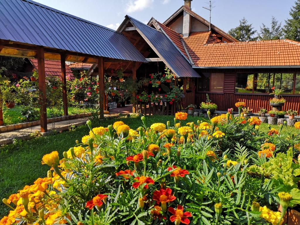 a garden of flowers in front of a house at Guesthouse Ramović in Zlatibor