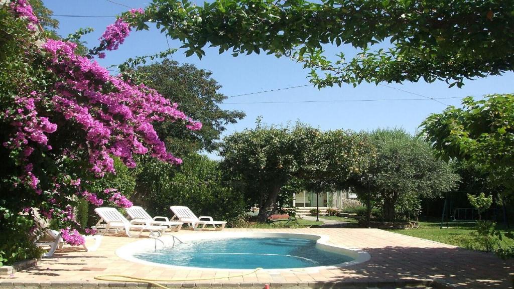 una piscina en un patio con flores rosas en Villa La Milouyette, en Peyriac-Minervois