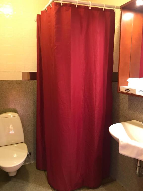 a bathroom with a red shower curtain and a toilet at Hotel Framtid in Djúpivogur