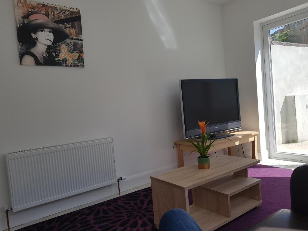 a living room with a tv and a table with a television at 4 bed comfy house, cork, suit 7 guest max in Cork