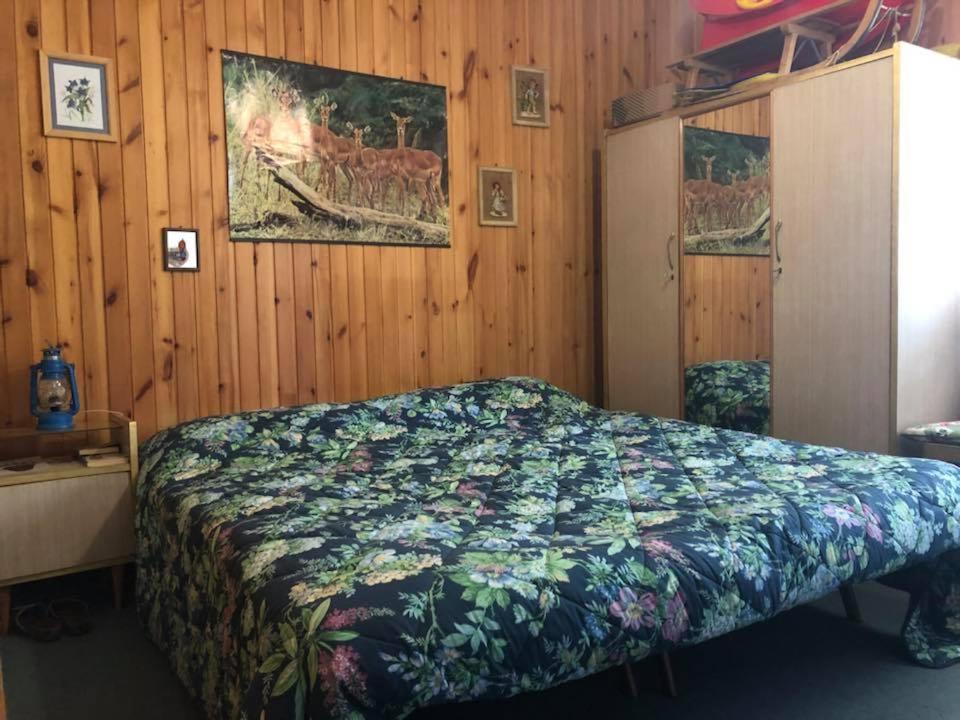 1 dormitorio con 1 cama y pared de madera en Terrazza Marsicana, en Pescasseroli