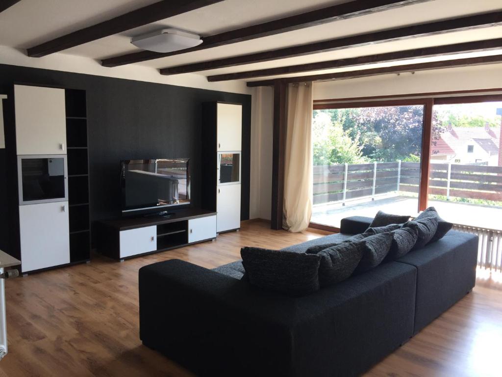 ein Wohnzimmer mit einem Sofa und einem TV in der Unterkunft schönes Apartment mit Dachterrasse in Oldenburg