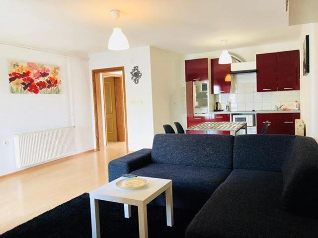 a living room with a blue couch and a table at Apartment Melody in Ivanić-Grad