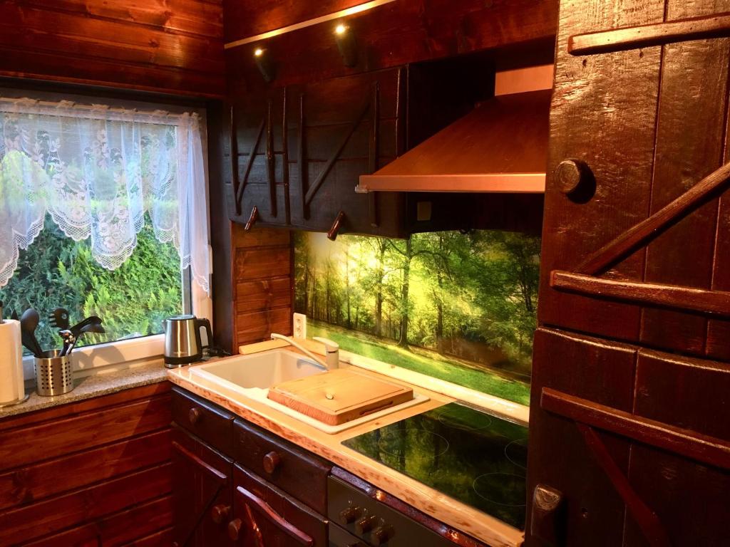 a kitchen with a fish tank next to a sink at Holzhaus Trollblümchen am Wald und See in Neuruppin