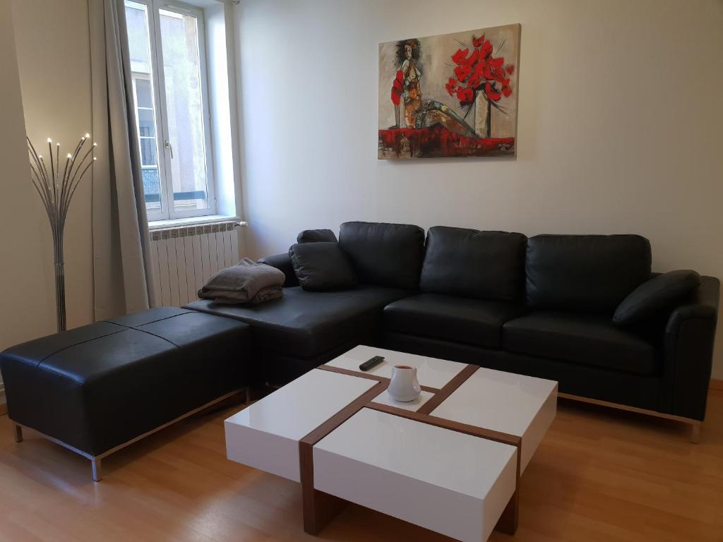 ein Wohnzimmer mit einem schwarzen Sofa und einem Couchtisch in der Unterkunft Grand appartement en centre ville in Metz