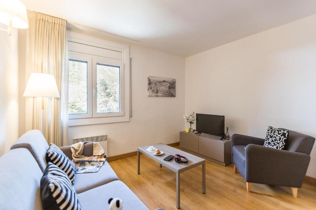 uma sala de estar com um sofá e uma televisão em Pierre & Vacances Andorra Alba em El Tarter