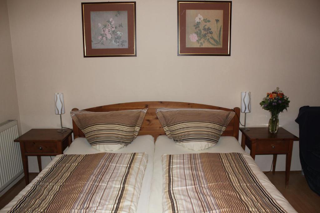 um quarto com uma cama com duas mesas e duas almofadas em Ferienwohnungen-Goldbach Erdgeschoss em Regensburg