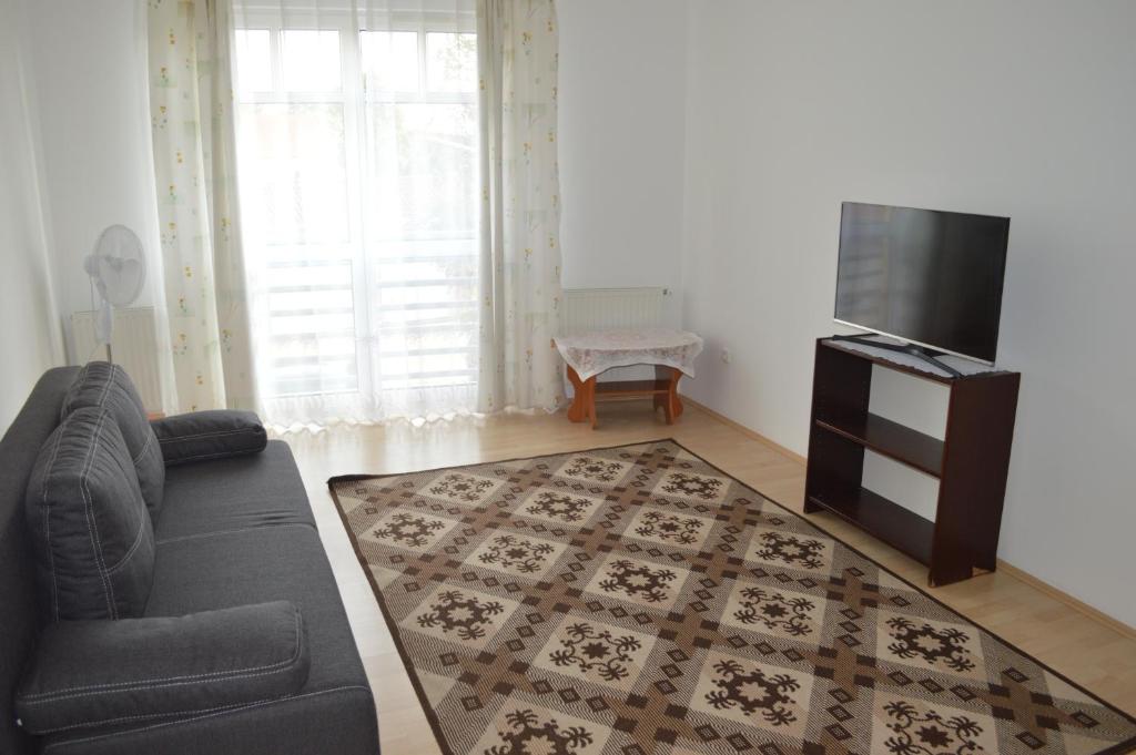 a living room with a couch and a flat screen tv at Erdélyi vendégház in Sárospatak