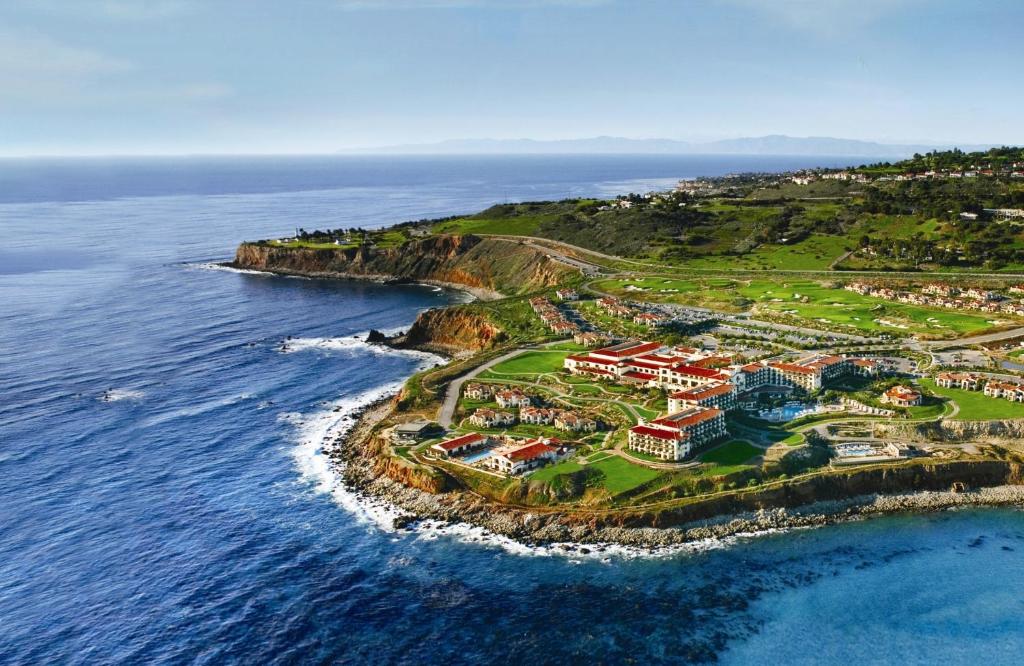 an aerial view of a resort near the ocean at Terranea Resort in Rancho Palos Verdes