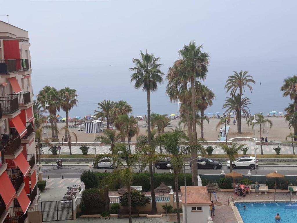 a view of the beach and palm trees from a building at Paseo San Cristóbal in Almuñécar