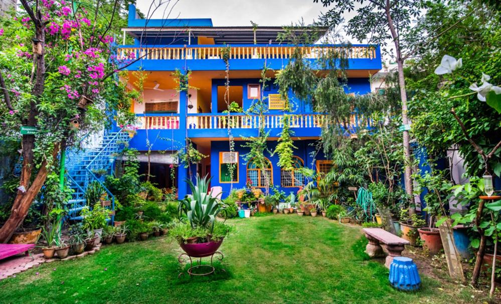 un jardin en face d'un bâtiment bleu dans l'établissement The Coral Tree Boutique Homestay, à Agra