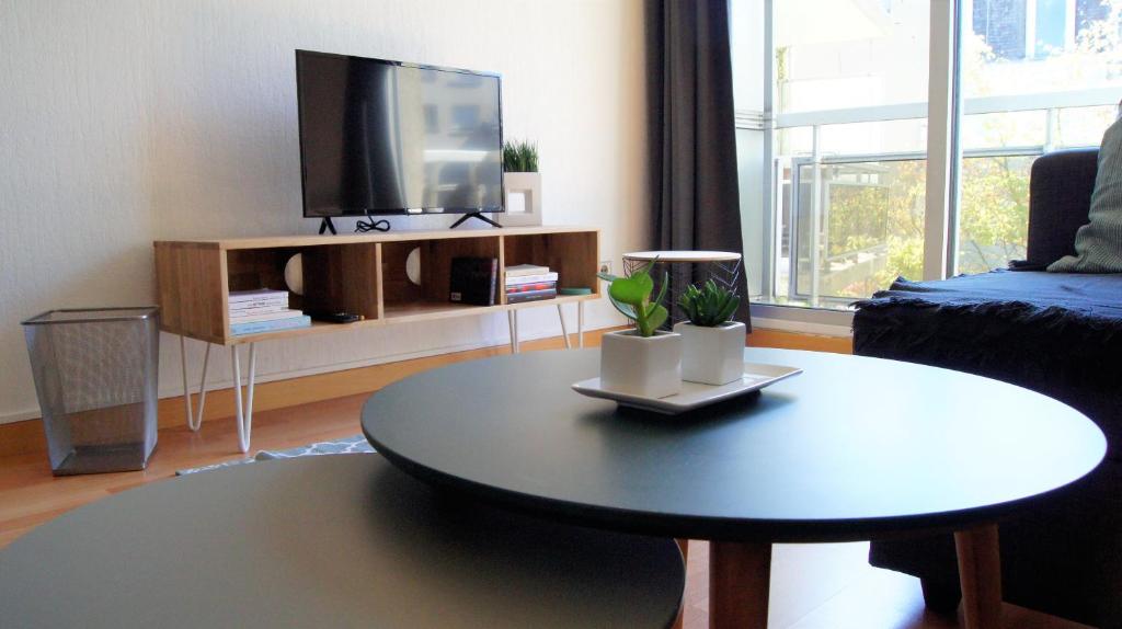 un salon avec une table basse et une télévision dans l'établissement Appart Hôtel Lille Baudoin, à Lille