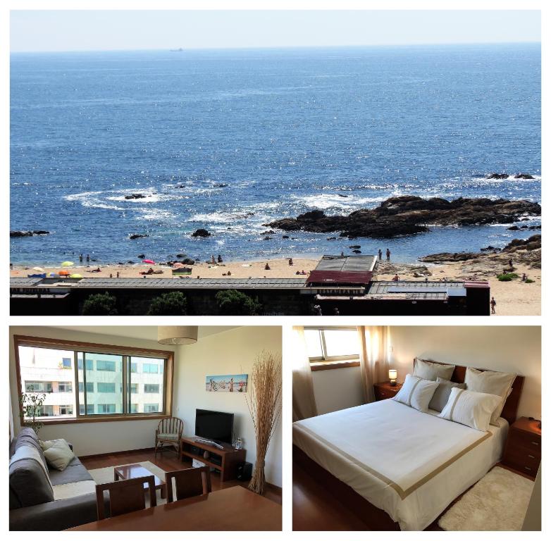 レサ・ダ・パルメイラにあるLove Sea Apartmentのビーチの景色を望むホテルルーム(ベッド付)