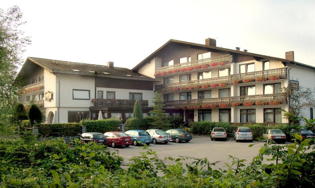 un grand bâtiment avec des voitures garées dans un parking dans l'établissement Hotel am See, à Neubäu