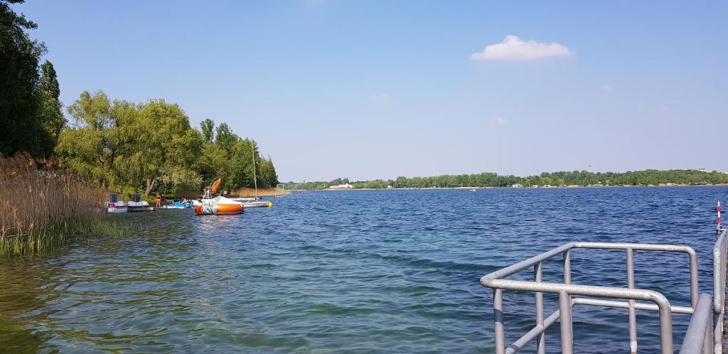 マルクアンシュテットにあるApartment am See mit Tiefgarageの水上のボートが乗る湖の景色