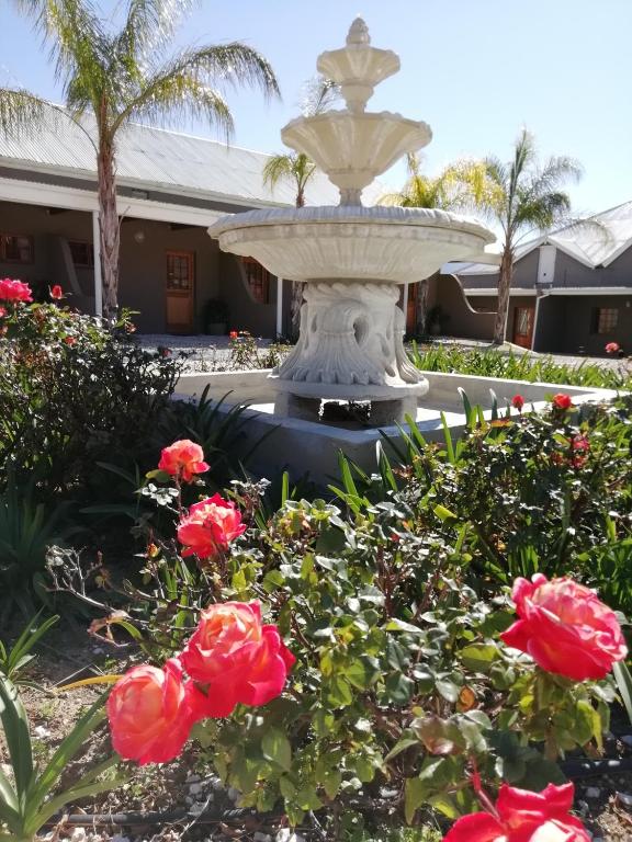 a fountain in a garden with red roses at Monte Roza Guest House in De Doorns