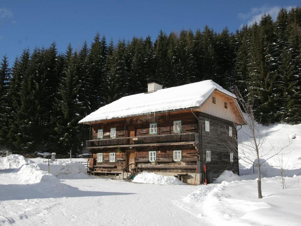 a large wooden cabin with snow on the roof at Appartement Schlosserhaus Turrach in Turracher Hohe