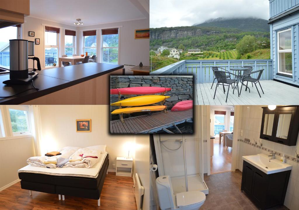 a collage of three pictures of a living room and a house at Apartment 2, Herand, Hardanger in Herand