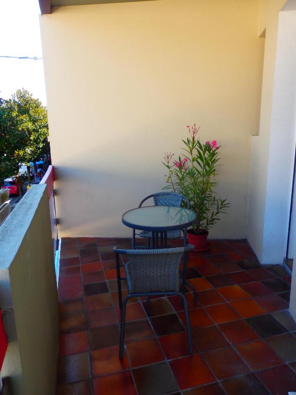 a patio with a table and two chairs and a plant at Studio Saint Roch in Mont-de-Marsan