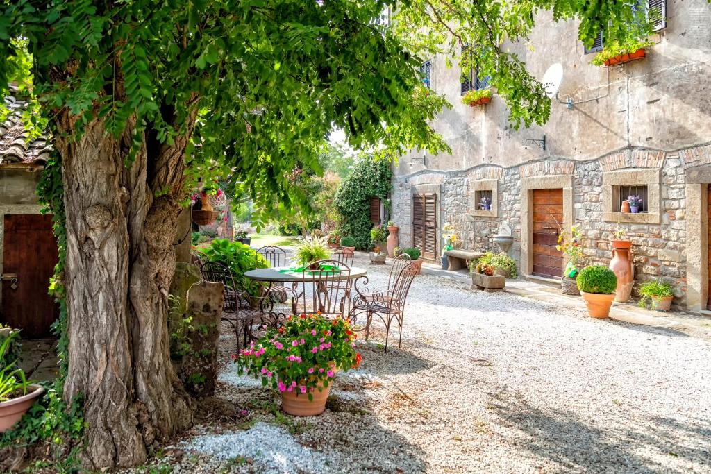 un patio con mesa y sillas bajo un árbol en Il Castelletto del Salamaro, en Viterbo