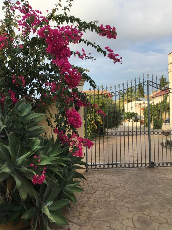 a wrought iron gate with pink flowers on it at La casa del melograno in Marsala