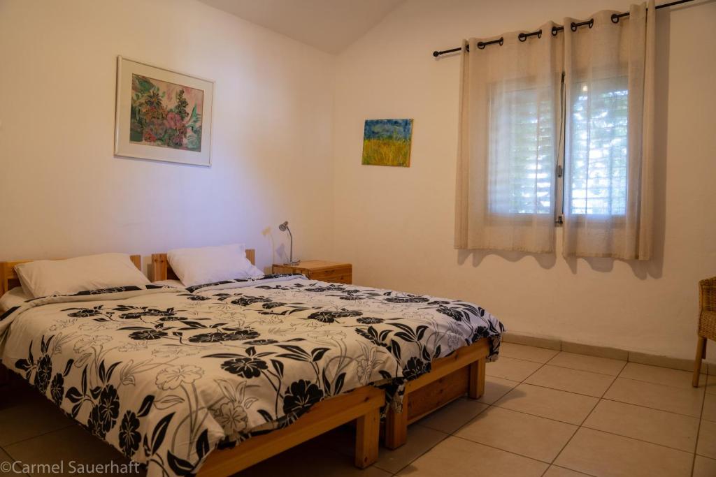 a bedroom with a bed and a window at Beit Shapira in Kefar Shammay
