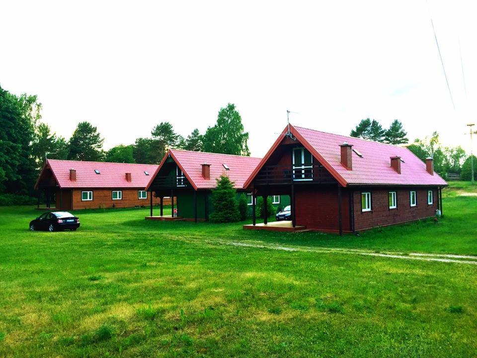 two barns with red roofs on a green field at Dar Lasu in Szczytno