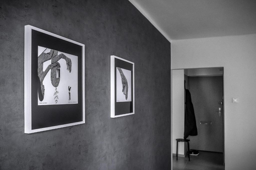 three framed pictures on a wall in a room at Art Apartament in Bielsko-Biała