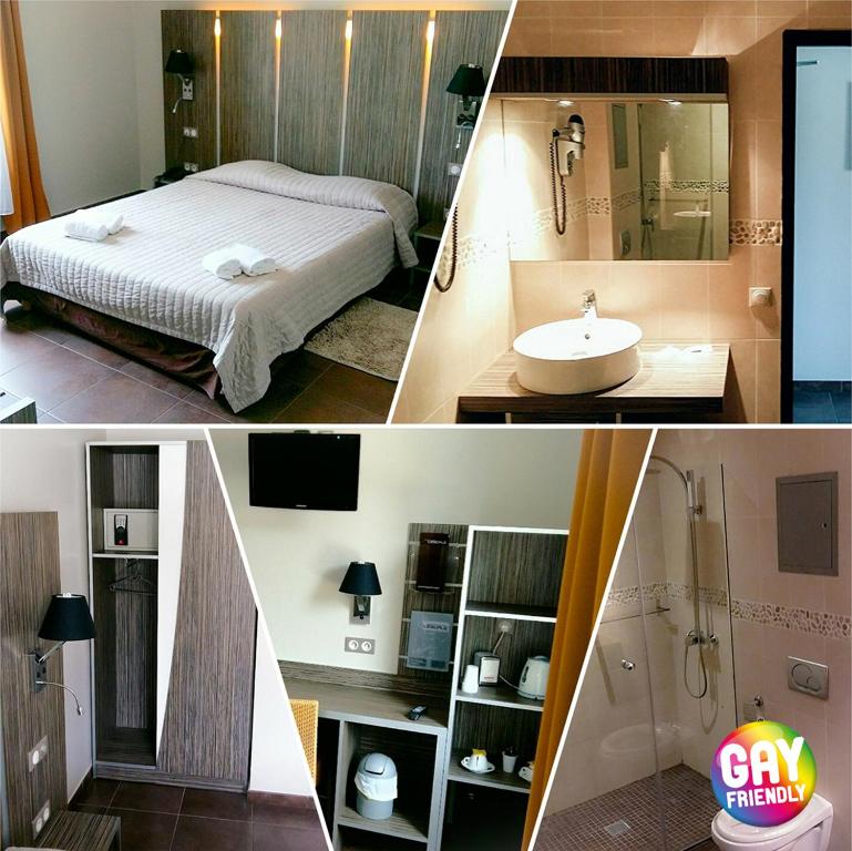 a collage of three pictures of a bedroom at L'Escale in Bonifacio