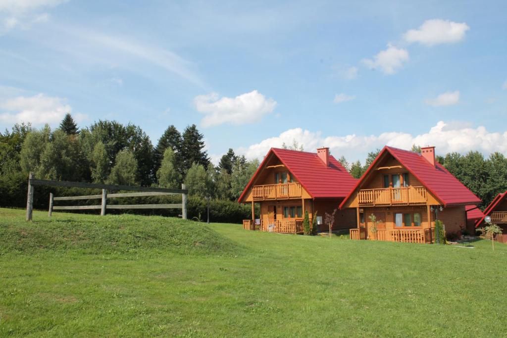 ポランチクにあるCałoroczne Domki Nad Zatokąの緑地の赤屋根の家