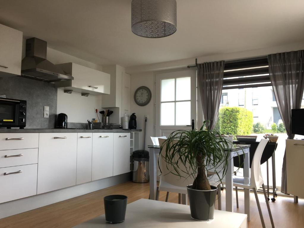 uma cozinha com armários brancos e uma mesa com um vaso de plantas em Cosy's Sable em Larmor-Plage