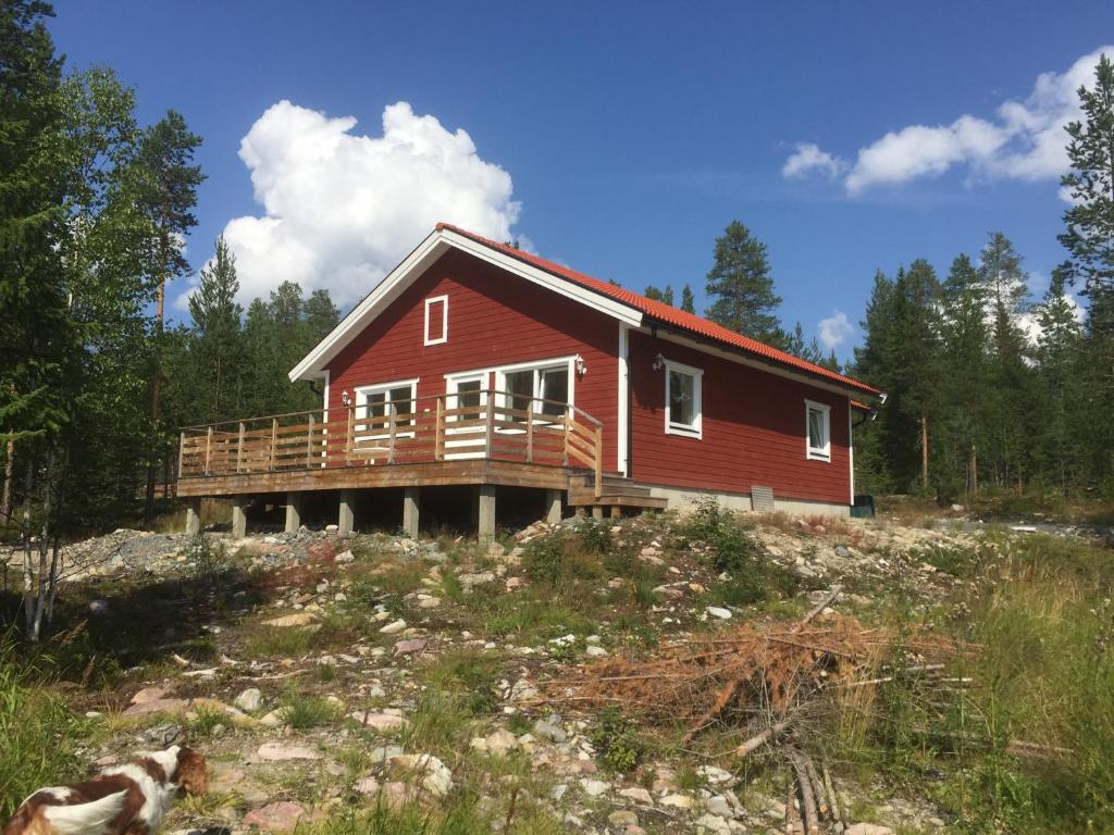 a red house on a hill in the woods at Fjällhus 3 in Idre