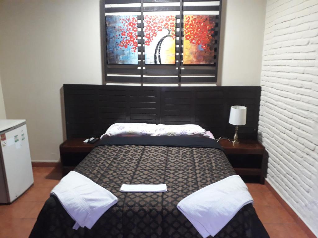 um quarto com uma cama e uma janela em Residencia Leones de Castilla em Assunção