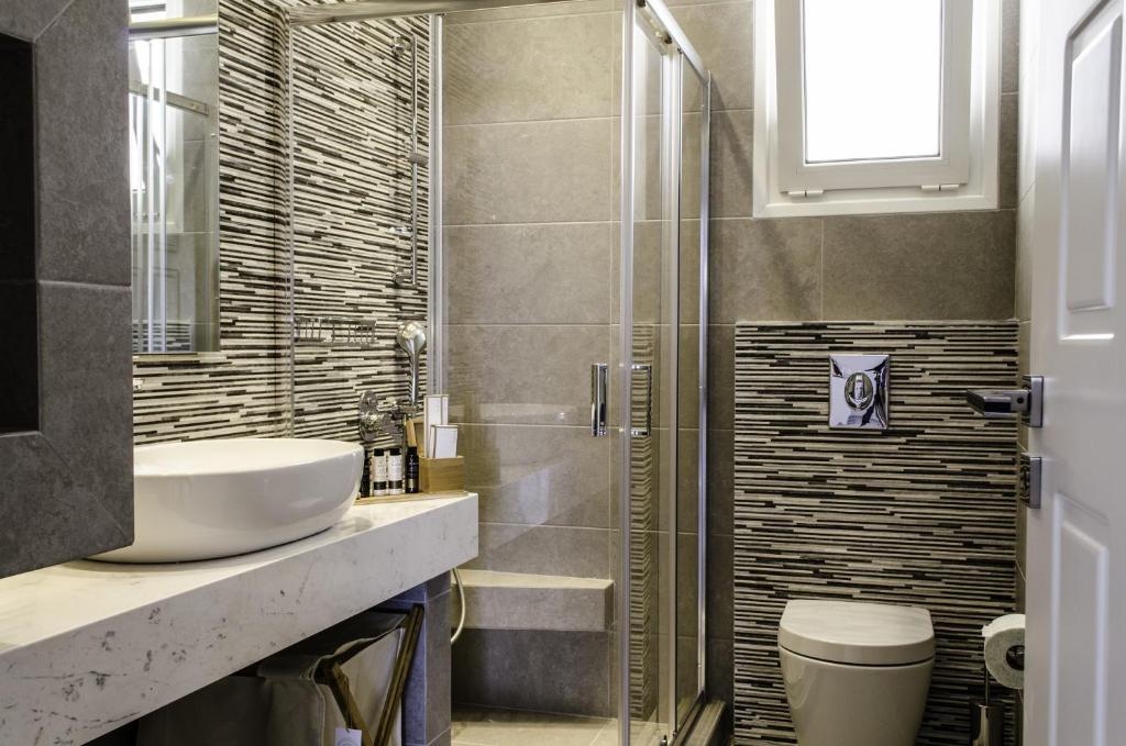 a bathroom with a shower and a sink and a toilet at Talos Luxury Suites in Kounoupidhianá