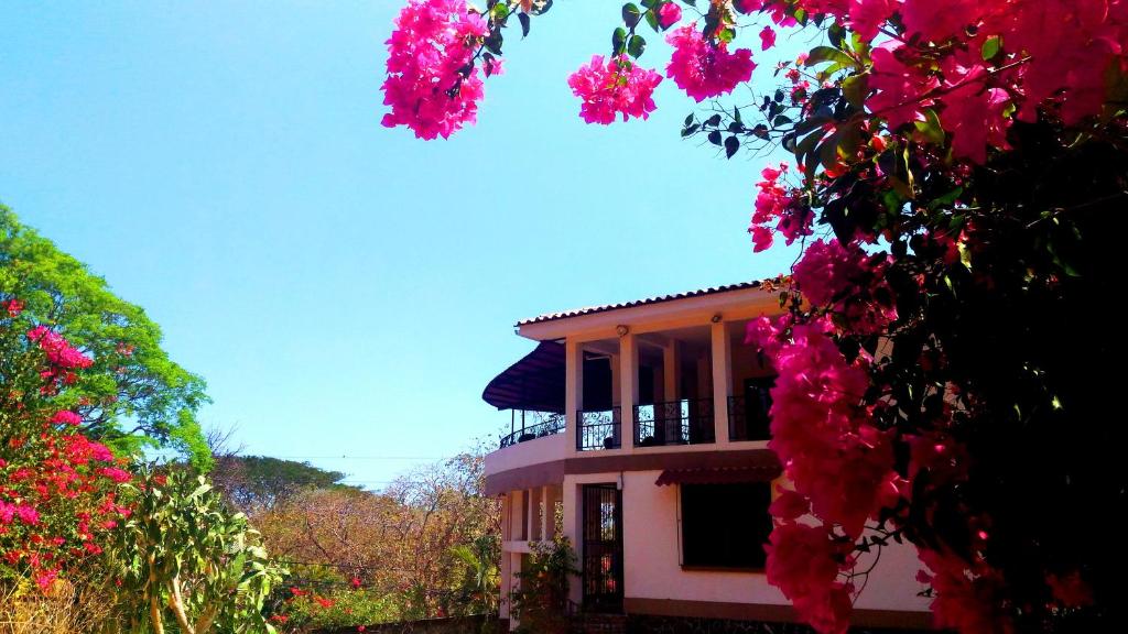 a building with pink flowers in front of it at Casa La Guaria in Sámara