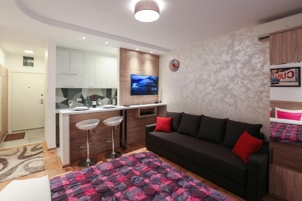 uma sala de estar com um sofá e uma cozinha em Apartment Promenada 30 em Novi Sad